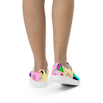 Hipyfi Women's Retro Memphis Lace-Up Canvas Sneakers with vibrant geometric patterns and pastel gradient design. white-back