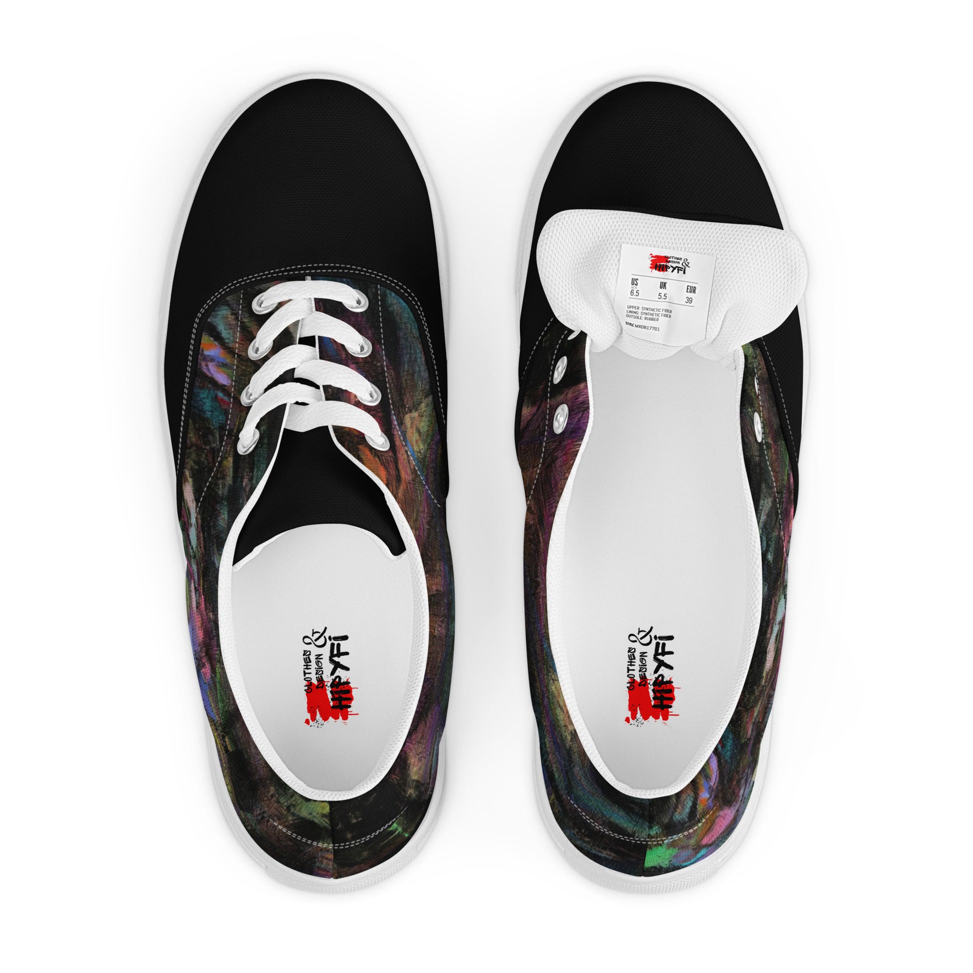 Chromatic Dreams Women’s lace-up canvas Sneakers with bold abstract design. Artistic, friendly sneakers by Hipyfi Clothes & Design, crafted for style and comfort. white-front-2