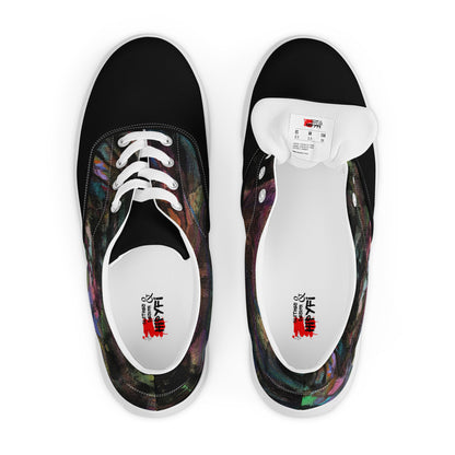 Chromatic Dreams Women’s lace-up canvas Sneakers with bold abstract design. Artistic, friendly sneakers by Hipyfi Clothes & Design, crafted for style and comfort. white-front-2