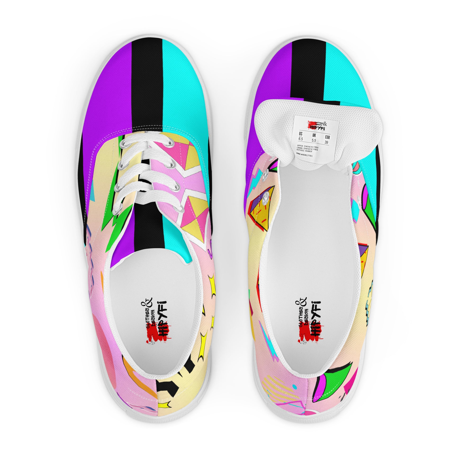 Hipyfi Women's Retro Memphis Lace-Up Canvas Sneakers with vibrant geometric patterns and pastel gradient design. white-front-5