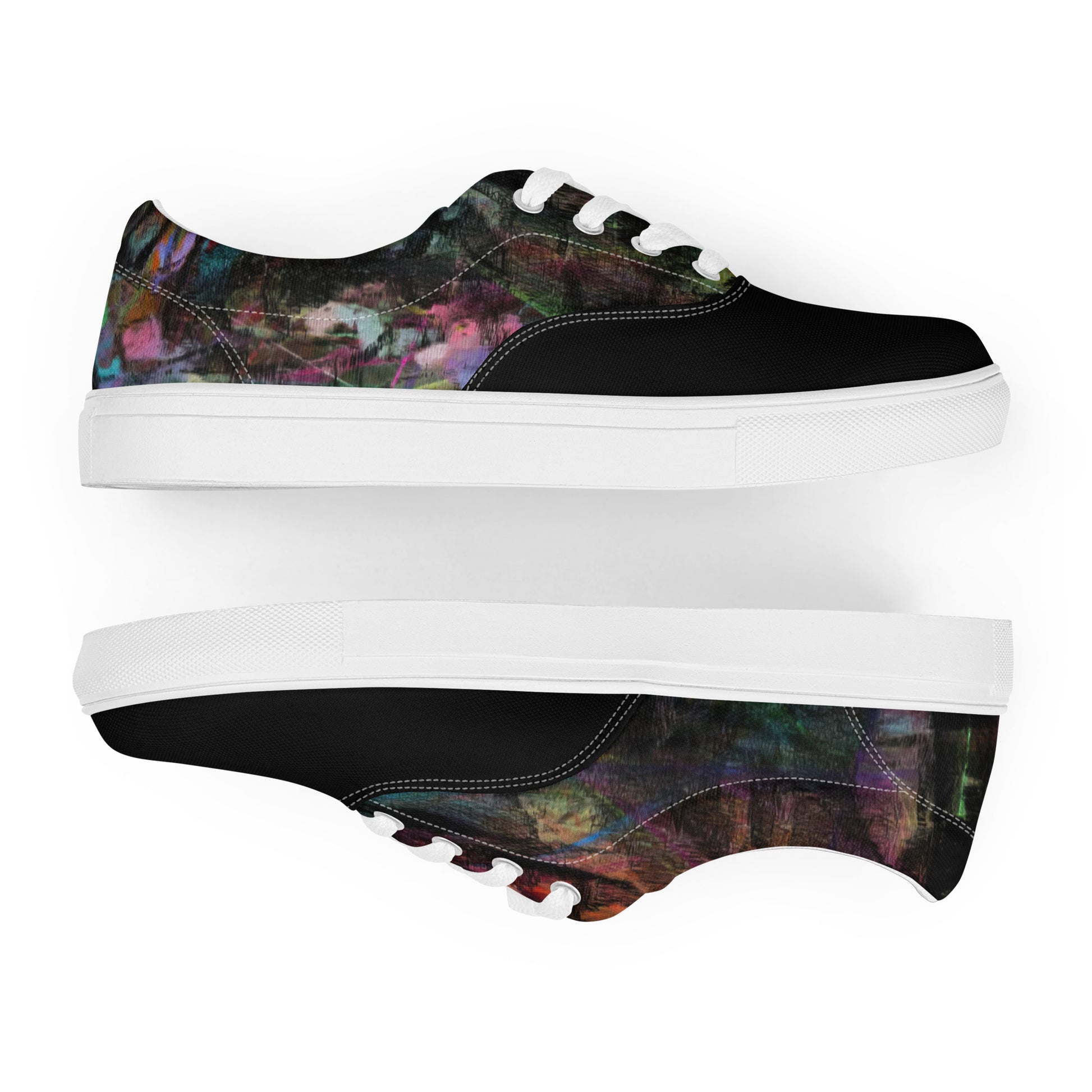 Chromatic Dreams Women’s lace-up canvas Sneakers with bold abstract design. Artistic, friendly sneakers by Hipyfi Clothes & Design, crafted for style and comfort. white-front-4
