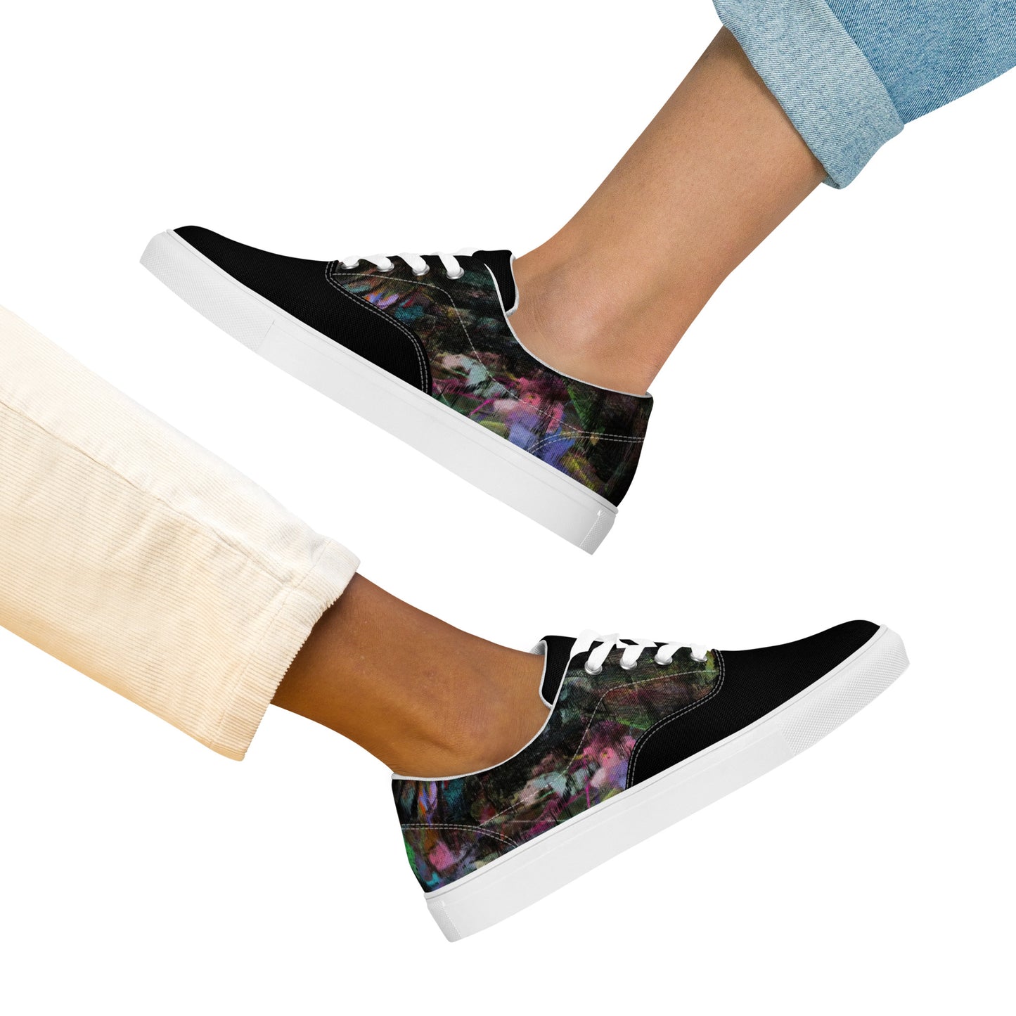 Chromatic Dreams Women’s lace-up canvas Sneakers with bold abstract design. Artistic, friendly sneakers by Hipyfi Clothes & Design, crafted for style and comfort. white-front-3