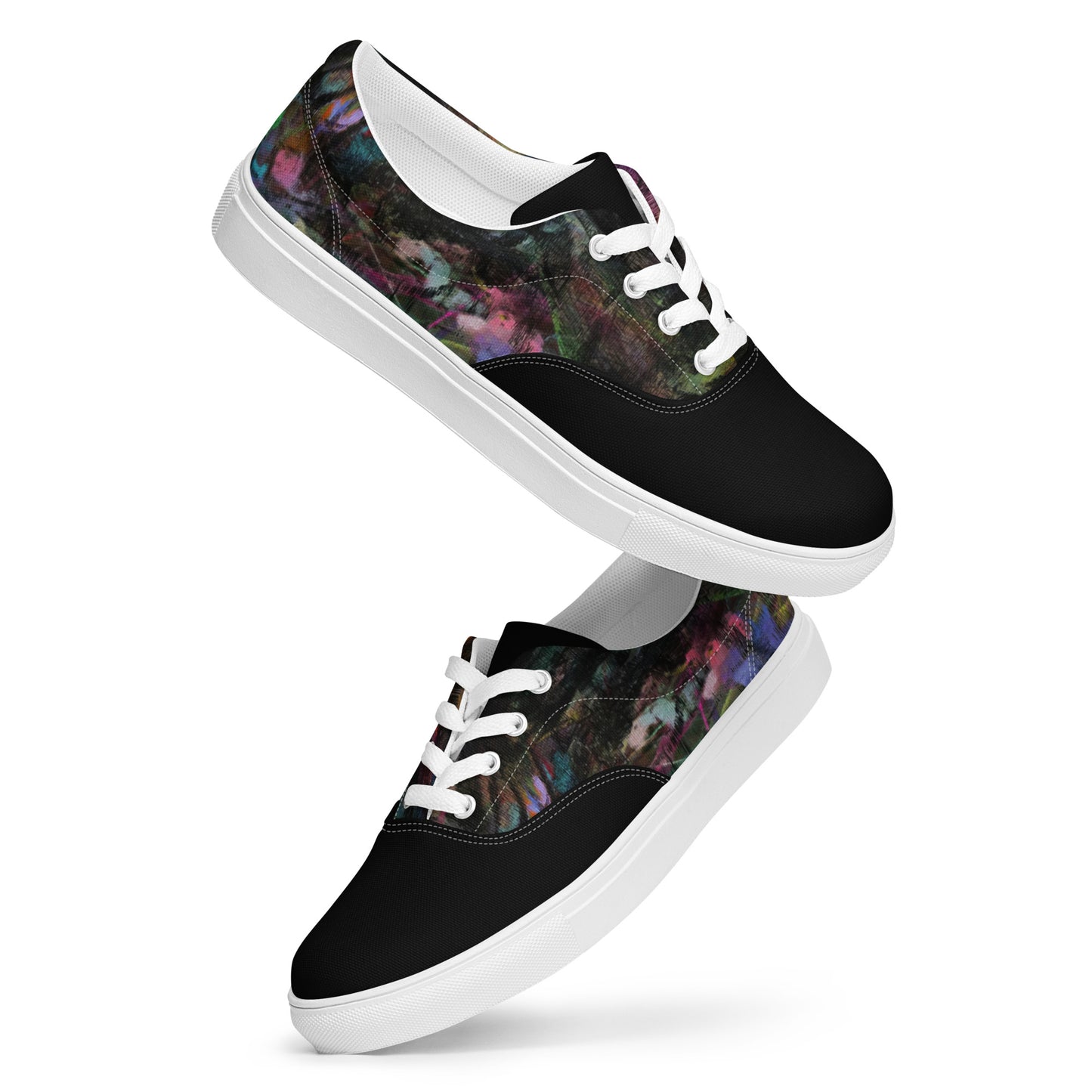 Chromatic Dreams Women’s lace-up canvas Sneakers with bold abstract design. Artistic, friendly sneakers by Hipyfi Clothes & Design, crafted for style and comfort. white-front-5