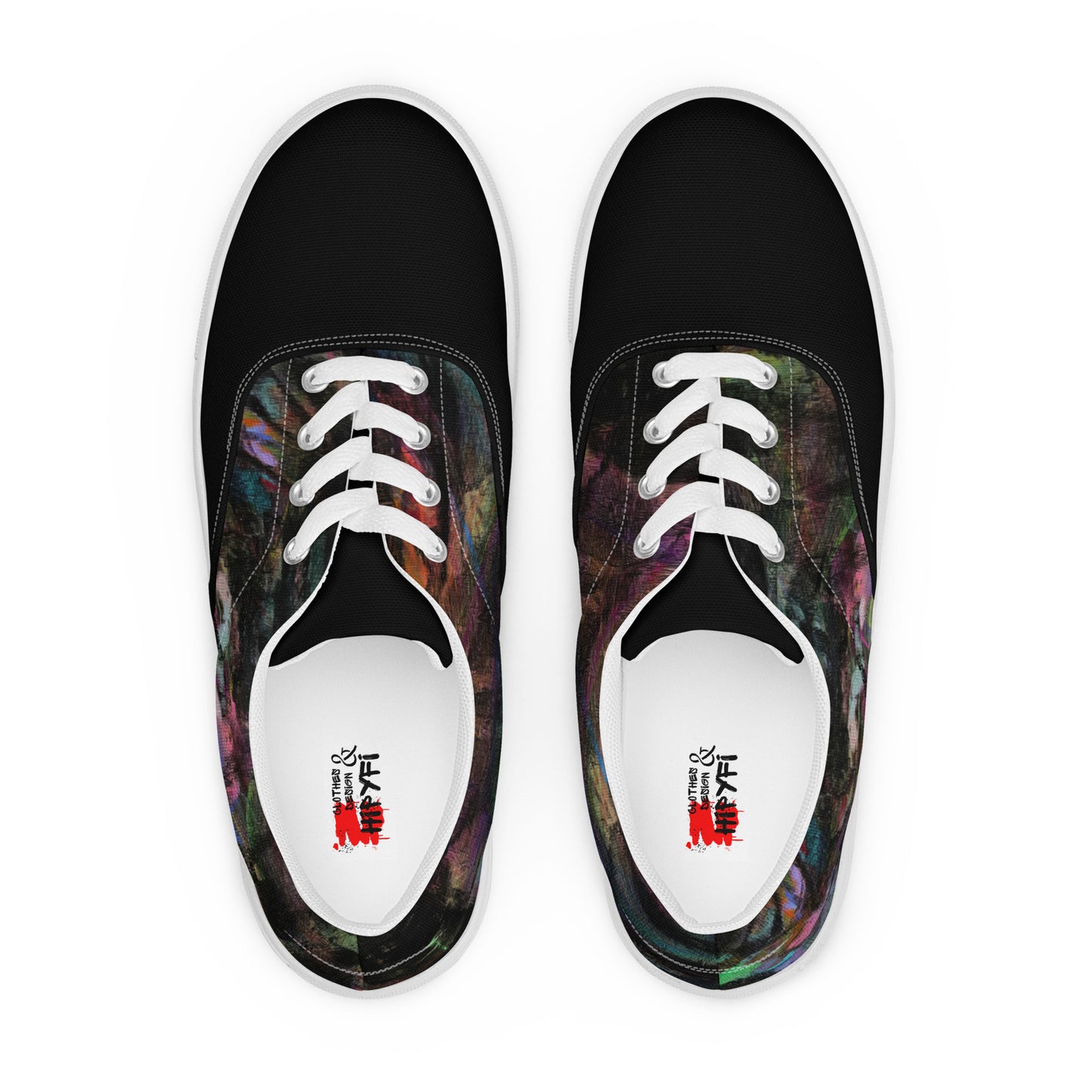 Chromatic Dreams Women’s lace-up canvas Sneakers with bold abstract design. Artistic, friendly sneakers by Hipyfi Clothes & Design, crafted for style and comfort. white-front-6