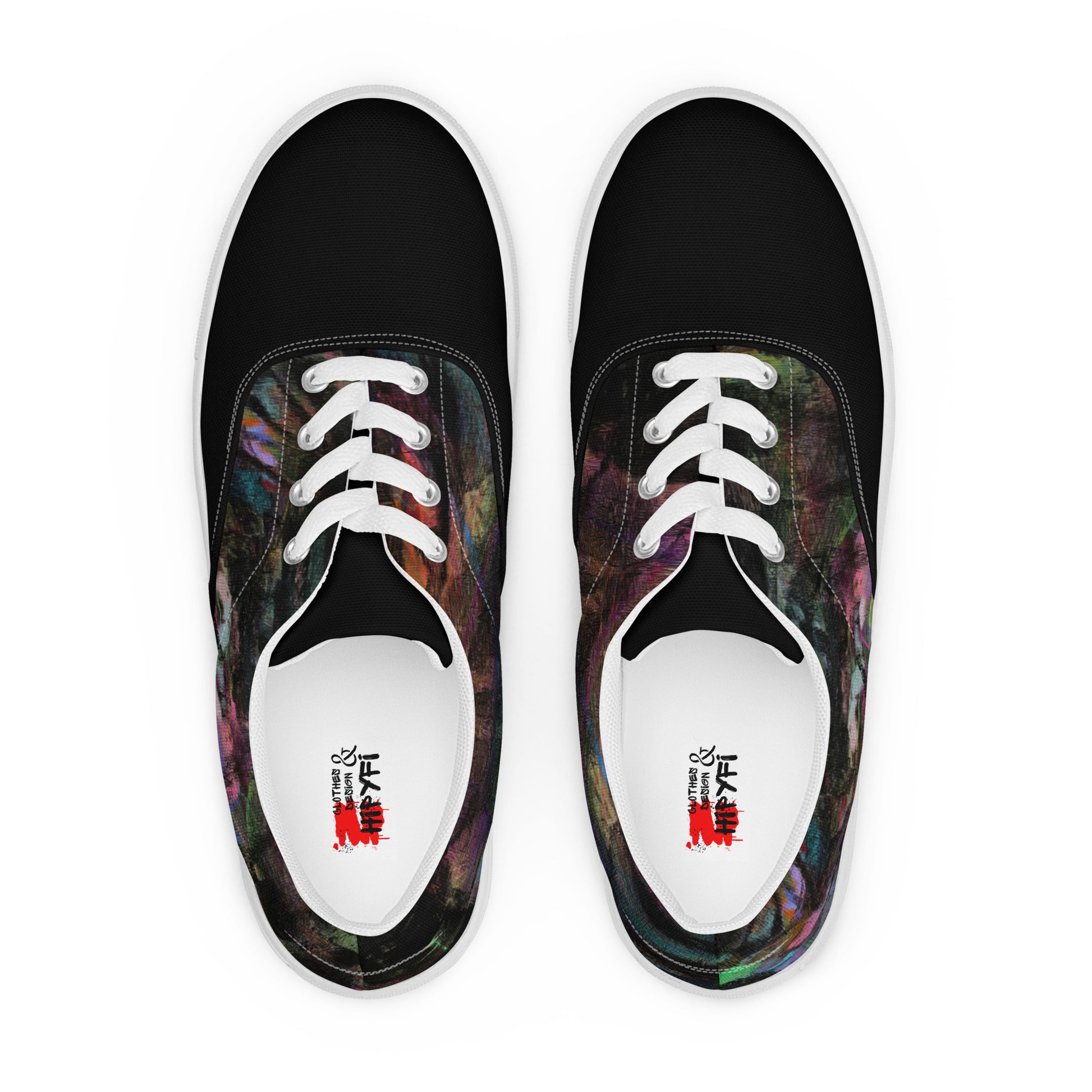 Chromatic Dreams Women’s lace-up canvas Sneakers with bold abstract design. Artistic, friendly sneakers by Hipyfi Clothes & Design, crafted for style and comfort. white-front-6