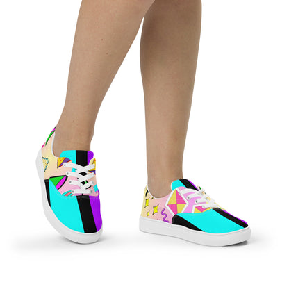 Hipyfi Women's Retro Memphis Lace-Up Canvas Sneakers with vibrant geometric patterns and pastel gradient design. white-front-3