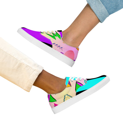 Hipyfi Women's Retro Memphis Lace-Up Canvas Sneakers with vibrant geometric patterns and pastel gradient design. white-front-4