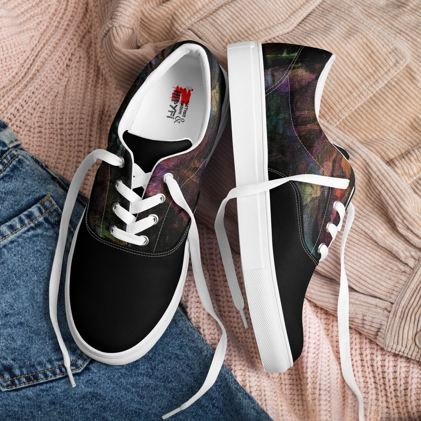 Chromatic Dreams Women’s lace-up canvas Sneakers with bold abstract design. Artistic, friendly sneakers by Hipyfi Clothes & Design, crafted for style and comfort. white-front
