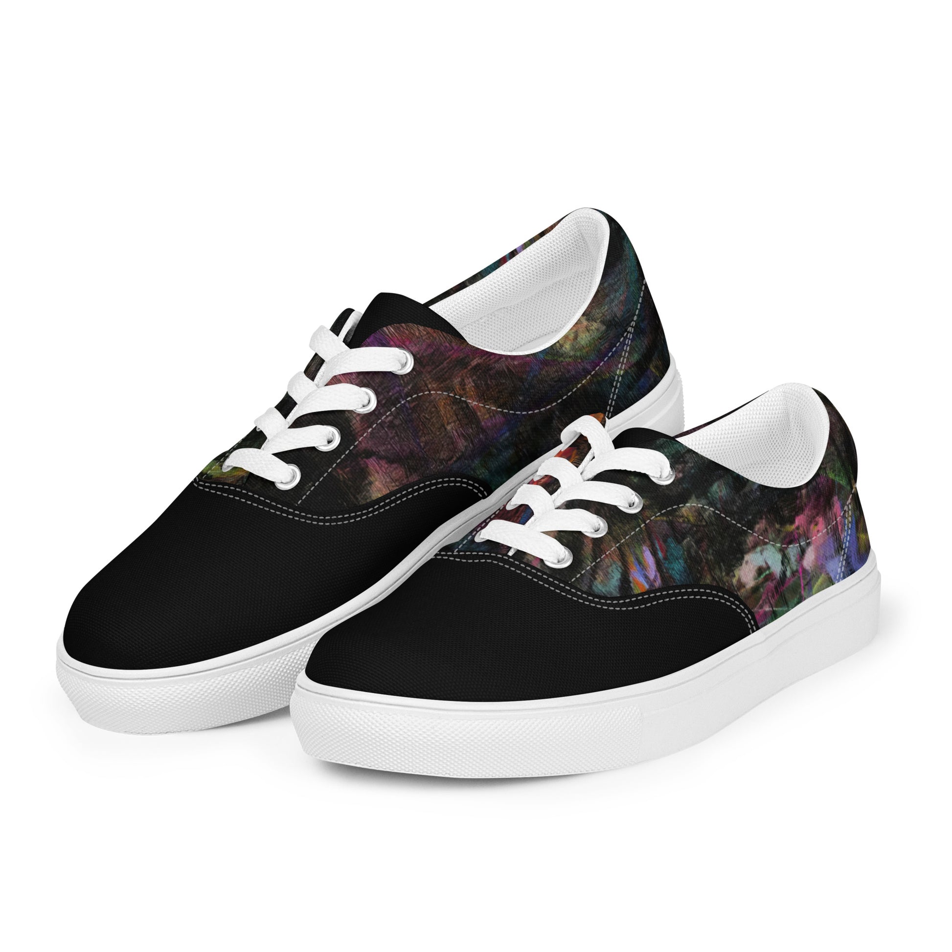 Chromatic Dreams Women’s lace-up canvas Sneakers with bold abstract design. Artistic, friendly sneakers by Hipyfi Clothes & Design, crafted for style and comfort. white-left-front-2