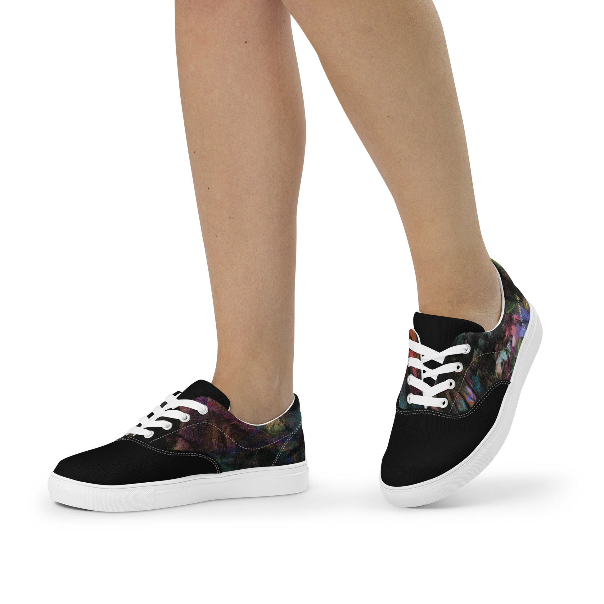 Chromatic Dreams Women’s lace-up canvas Sneakers with bold abstract design. Artistic, friendly sneakers by Hipyfi Clothes & Design, crafted for style and comfort. white-left-front