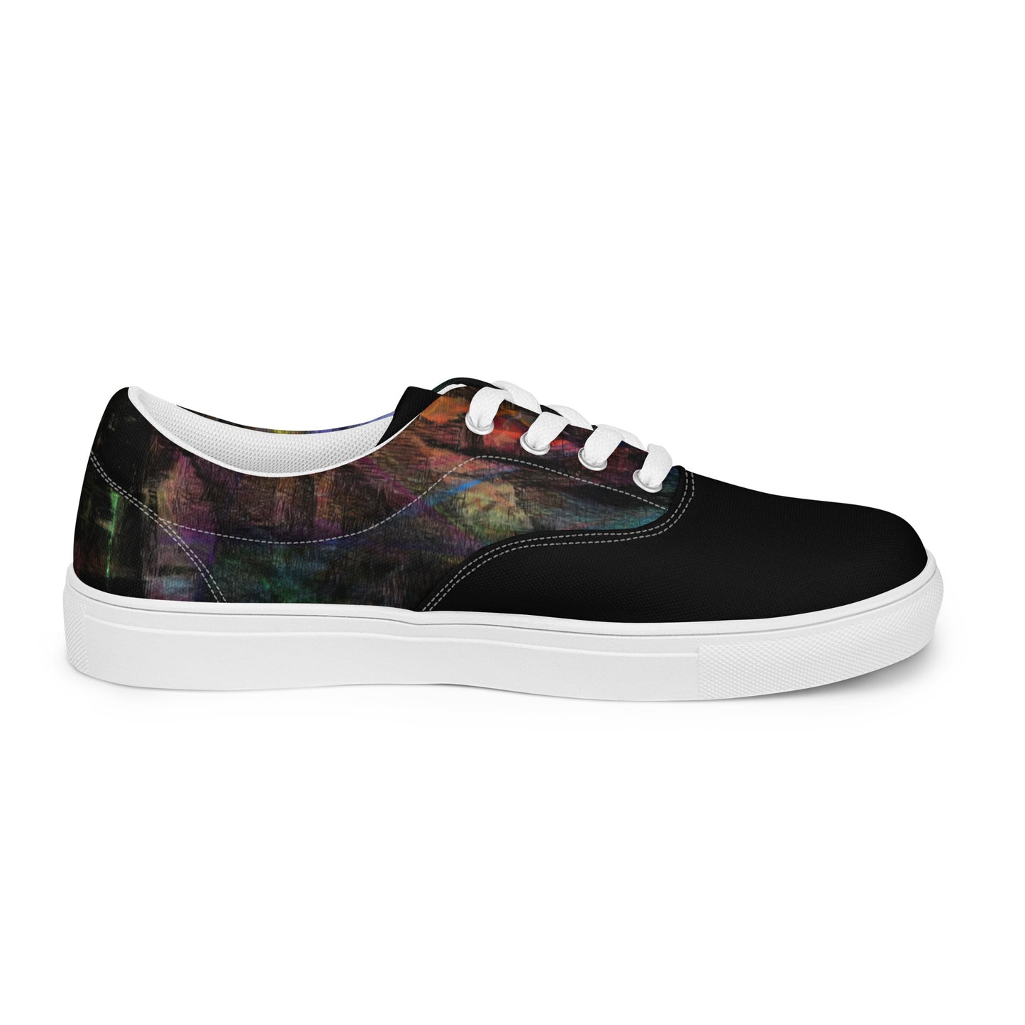 Chromatic Dreams Women’s lace-up canvas Sneakers with bold abstract design. Artistic, friendly sneakers by Hipyfi Clothes & Design, crafted for style and comfort. white-left-inside-4