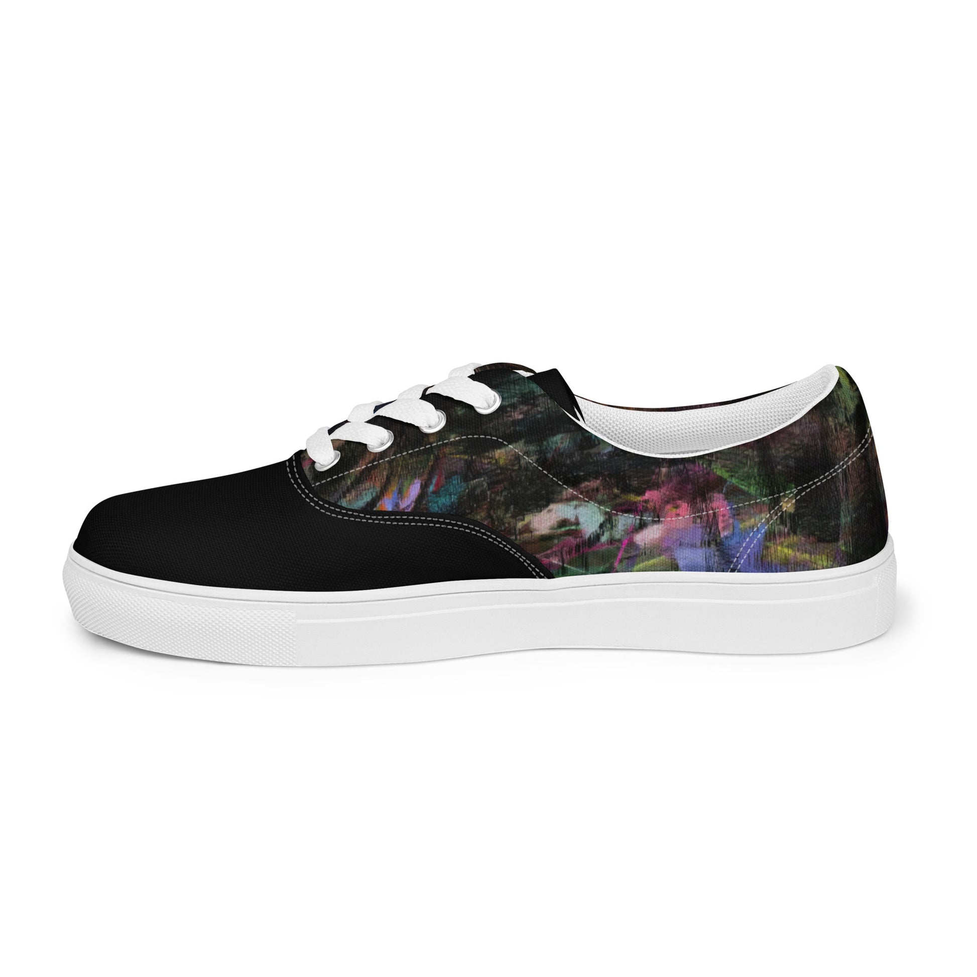 Chromatic Dreams Women’s lace-up canvas Sneakers with bold abstract design. Artistic, friendly sneakers by Hipyfi Clothes & Design, crafted for style and comfort. white-left-outside-5
