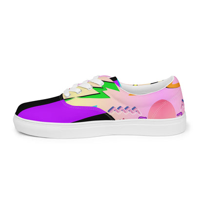 Hipyfi Women's Retro Memphis Lace-Up Canvas Sneakers with vibrant geometric patterns and pastel gradient design. white-left-outside