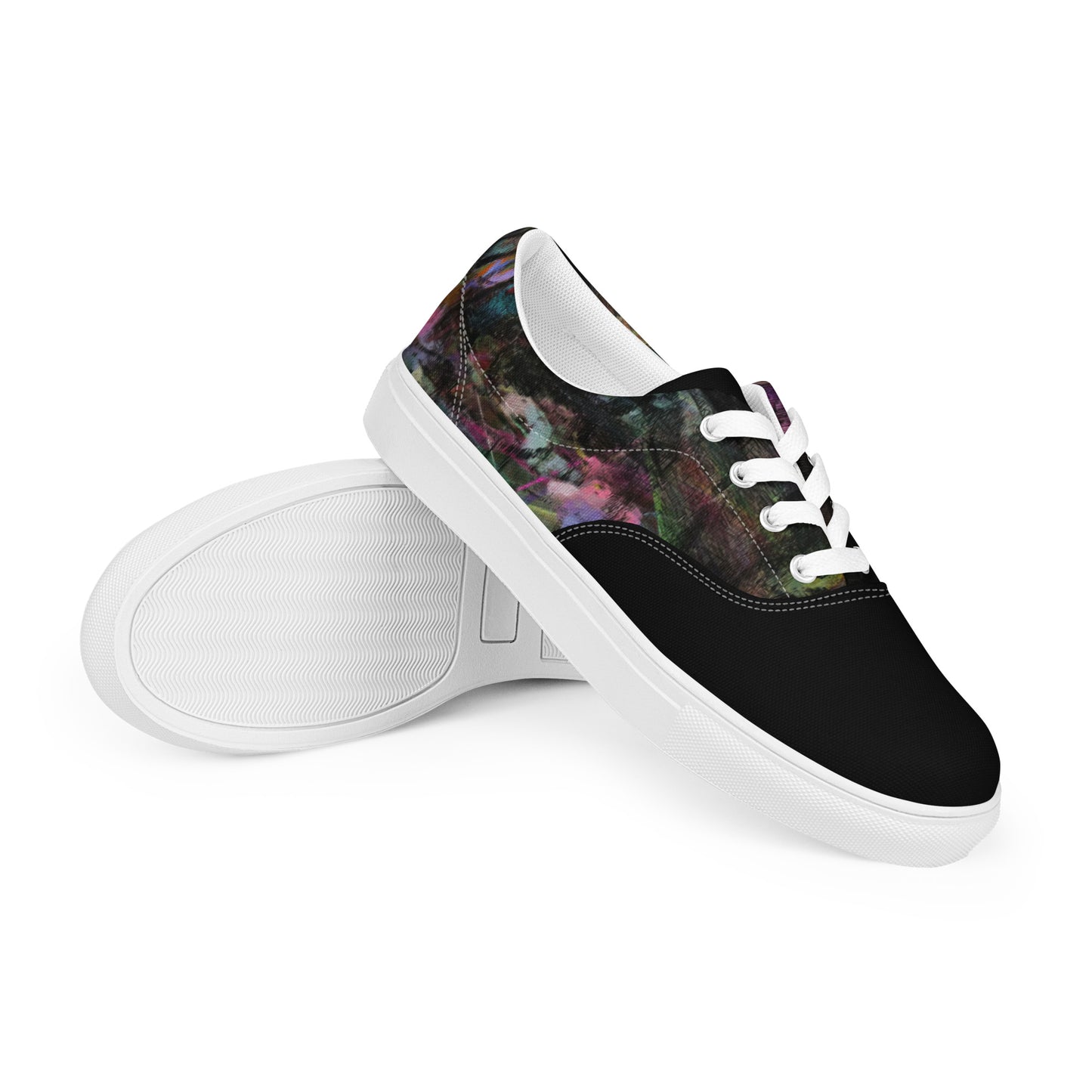 Chromatic Dreams Women’s lace-up canvas Sneakers with bold abstract design. Artistic, friendly sneakers by Hipyfi Clothes & Design, crafted for style and comfort. white-right-front-3