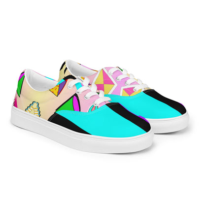 Hipyfi Women's Retro Memphis Lace-Up Canvas Sneakers with vibrant geometric patterns and pastel gradient design. white-right-front-5