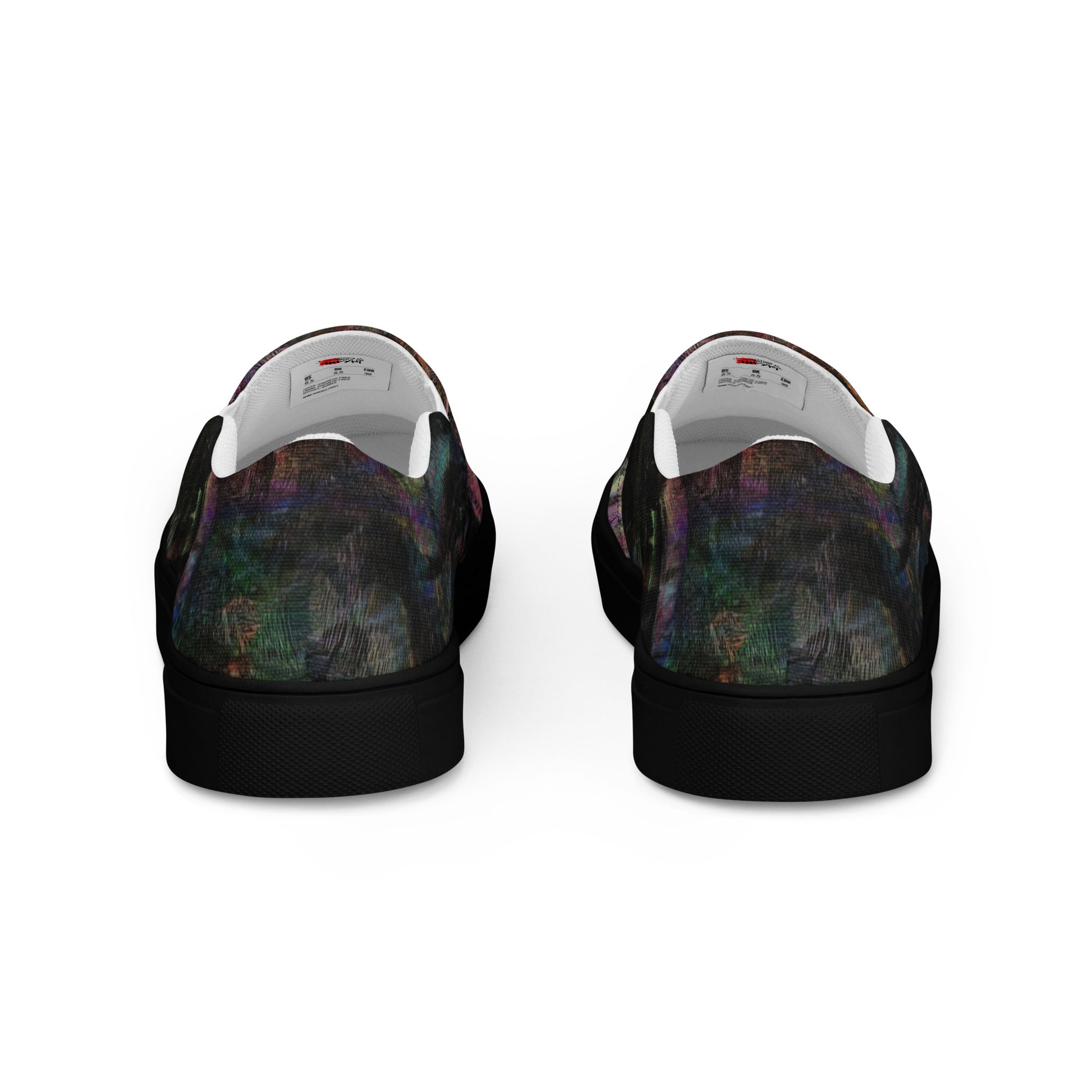 Close-up of Hipyfi Women’s Chromatic Dreams slip-on sneakers, showcasing a modern abstract face design with multicolor, elastic side accents, and a cushioned sole for comfort. black-back-4