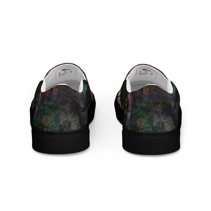Close-up of Hipyfi Women’s Chromatic Dreams slip-on sneakers, showcasing a modern abstract face design with multicolor, elastic side accents, and a cushioned sole for comfort. black-back-4