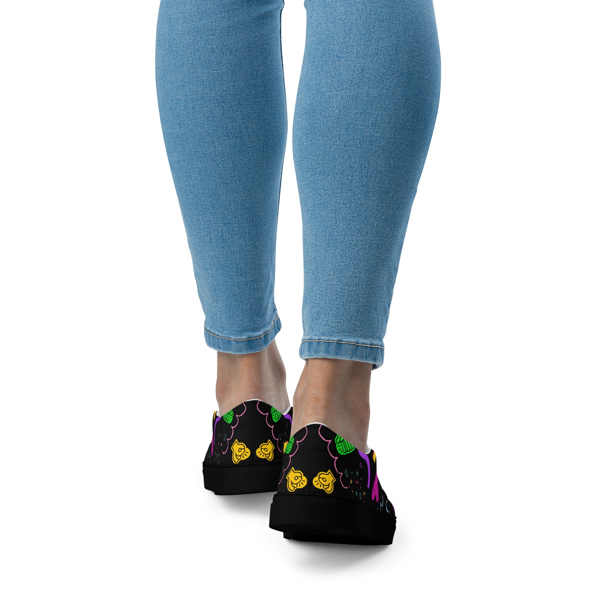 Women's Retro Canvas Slip-On Sneakers with vibrant 80s Memphis-style abstract pattern on black background – stylish, lightweight, and eco-friendly casual shoes by Hipyfi Clothes & Design. black-back