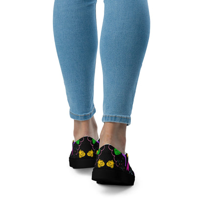Women's Retro Canvas Slip-On Sneakers with vibrant 80s Memphis-style abstract pattern on black background – stylish, lightweight, and eco-friendly casual shoes by Hipyfi Clothes & Design. black-back
