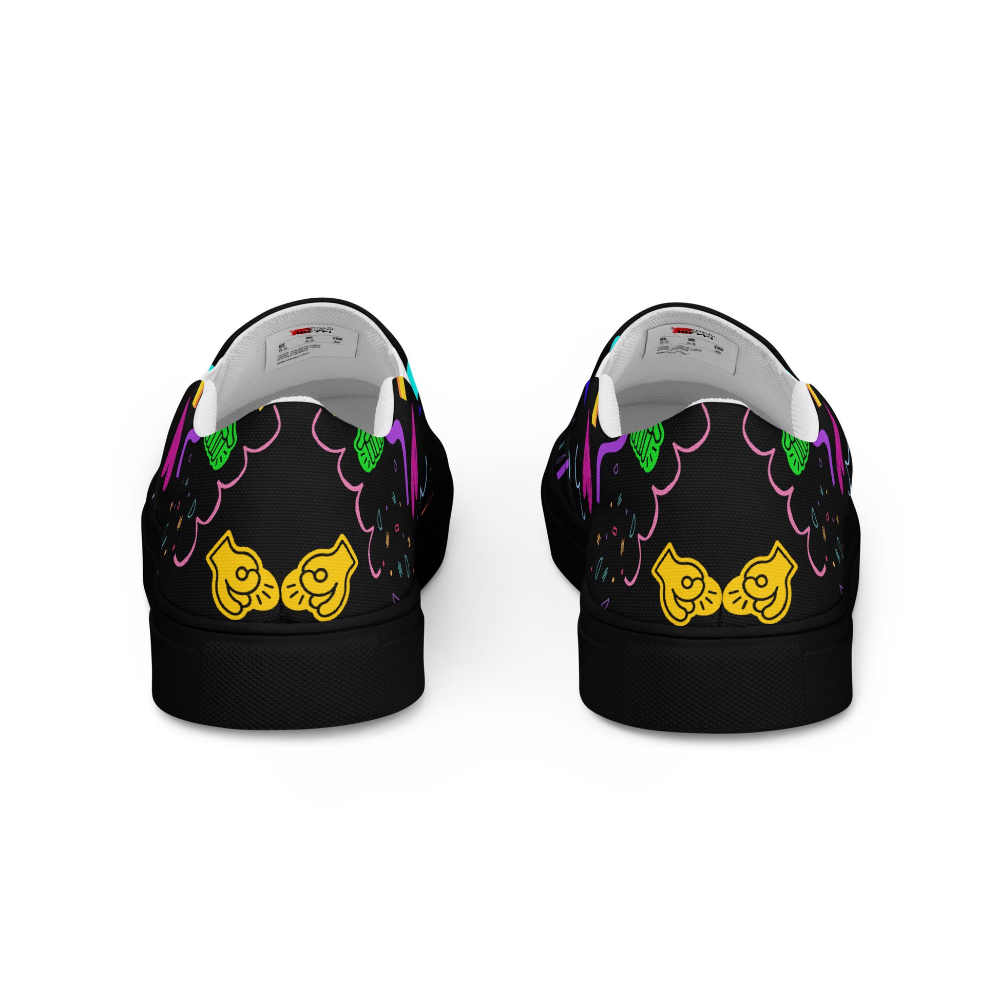 Women's Retro Canvas Slip-On Sneakers with vibrant 80s Memphis-style abstract pattern on black background – stylish, lightweight, and eco-friendly casual shoes by Hipyfi Clothes & Design. black-back-2