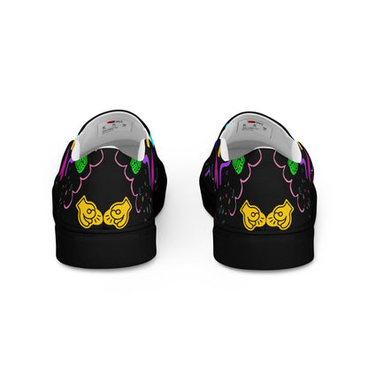 Women's Retro Canvas Slip-On Sneakers with vibrant 80s Memphis-style abstract pattern on black background – stylish, lightweight, and eco-friendly casual shoes by Hipyfi Clothes & Design. black-back-2