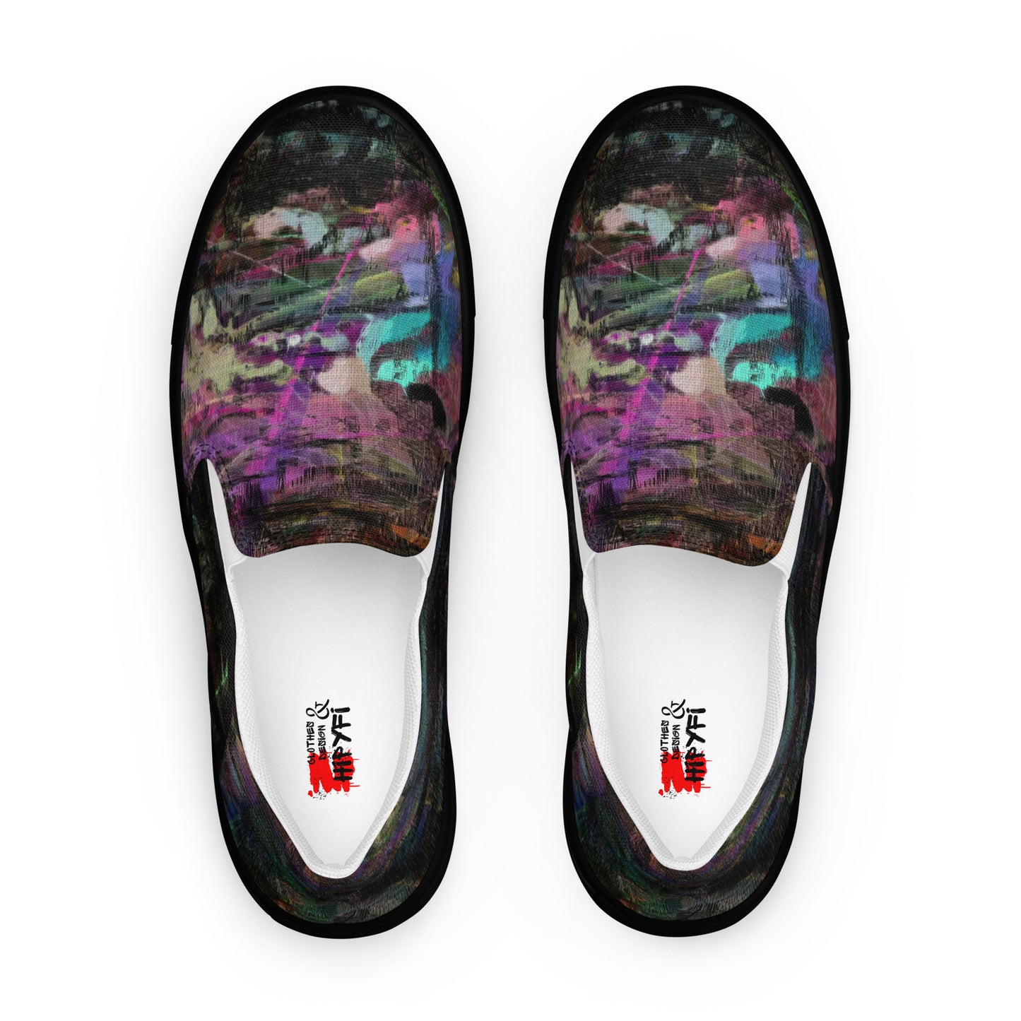 Close-up of Hipyfi Women’s Chromatic Dreams slip-on sneakers, showcasing a modern abstract face design with multicolor, elastic side accents, and a cushioned sole for comfort. black-front-4