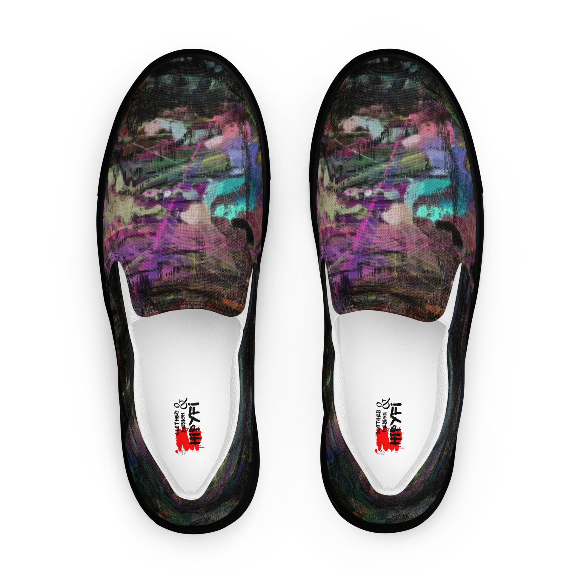 Close-up of Hipyfi Women’s Chromatic Dreams slip-on sneakers, showcasing a modern abstract face design with multicolor, elastic side accents, and a cushioned sole for comfort. black-front-4