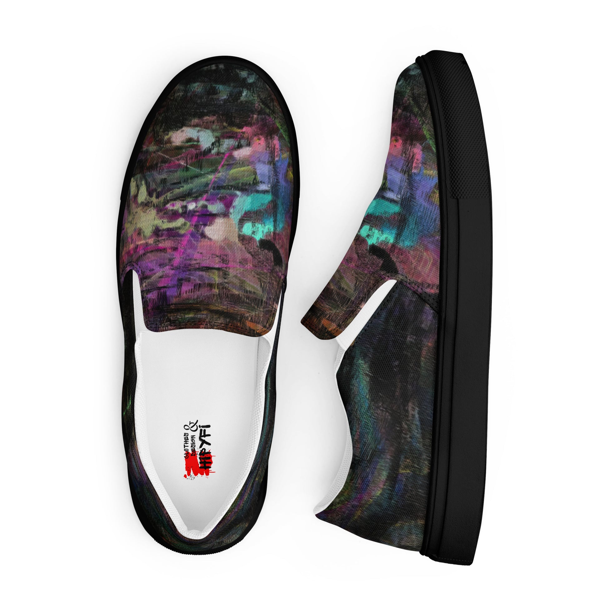 Close-up of Hipyfi Women’s Chromatic Dreams slip-on sneakers, showcasing a modern abstract face design with multicolor, elastic side accents, and a cushioned sole for comfort. black-front-5