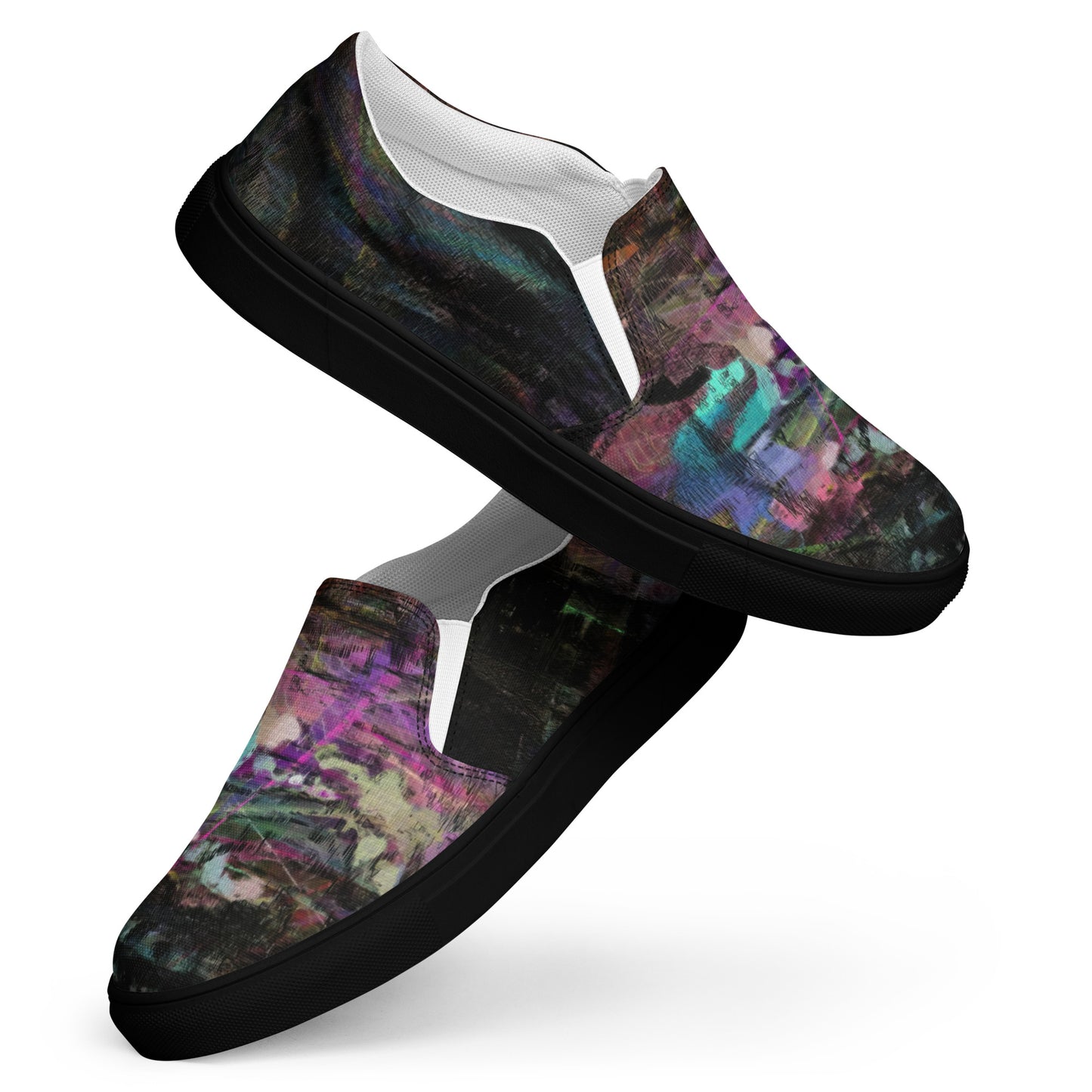 Close-up of Hipyfi Women’s Chromatic Dreams slip-on sneakers, showcasing a modern abstract face design with multicolor, elastic side accents, and a cushioned sole for comfort. black-front-6