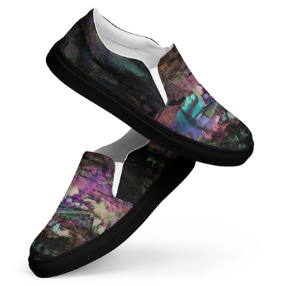 Close-up of Hipyfi Women’s Chromatic Dreams slip-on sneakers, showcasing a modern abstract face design with multicolor, elastic side accents, and a cushioned sole for comfort. black-front-6