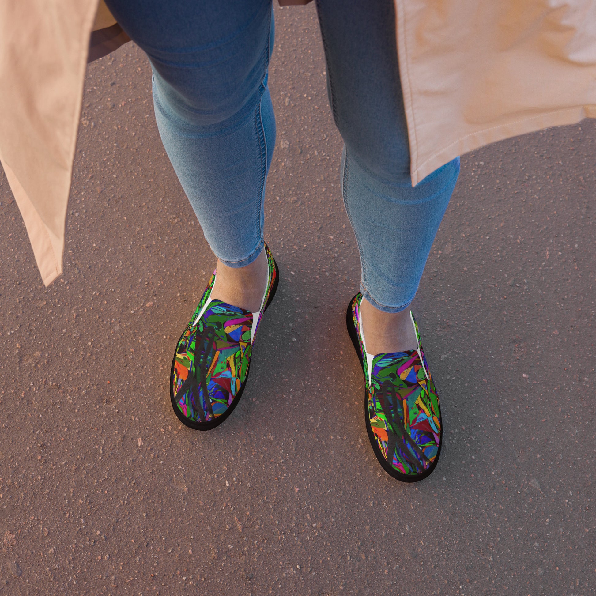 Bold Neon Mythos Women's Slip-On Canvas Sneakers by Hipyfi – Vibrant abstract graphic design with neon colors, perfect for street style and modern fashion. black-front-2