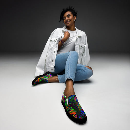 Bold Neon Mythos Women's Slip-On Canvas Sneakers by Hipyfi – Vibrant abstract graphic design with neon colors, perfect for street style and modern fashion. black-front