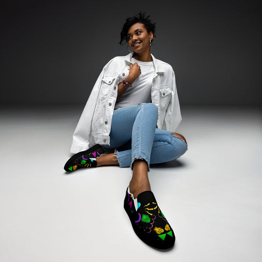 Women's Retro Canvas Slip-On Sneakers with vibrant 80s Memphis-style abstract pattern on black background – stylish, lightweight, and eco-friendly casual shoes by Hipyfi Clothes & Design. black-front