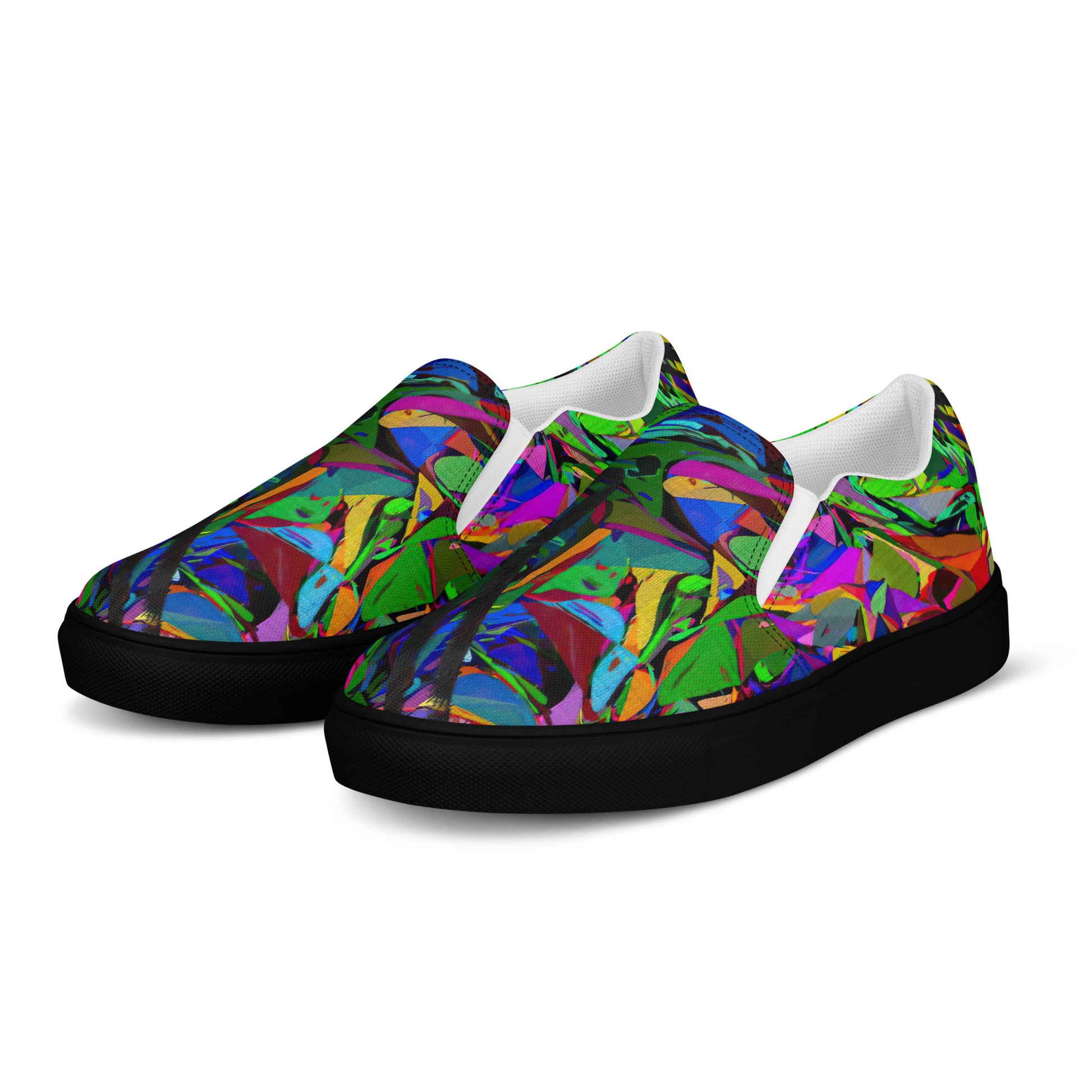 Bold Neon Mythos Women's Slip-On Canvas Sneakers by Hipyfi – Vibrant abstract graphic design with neon colors, perfect for street style and modern fashion. black-left-front