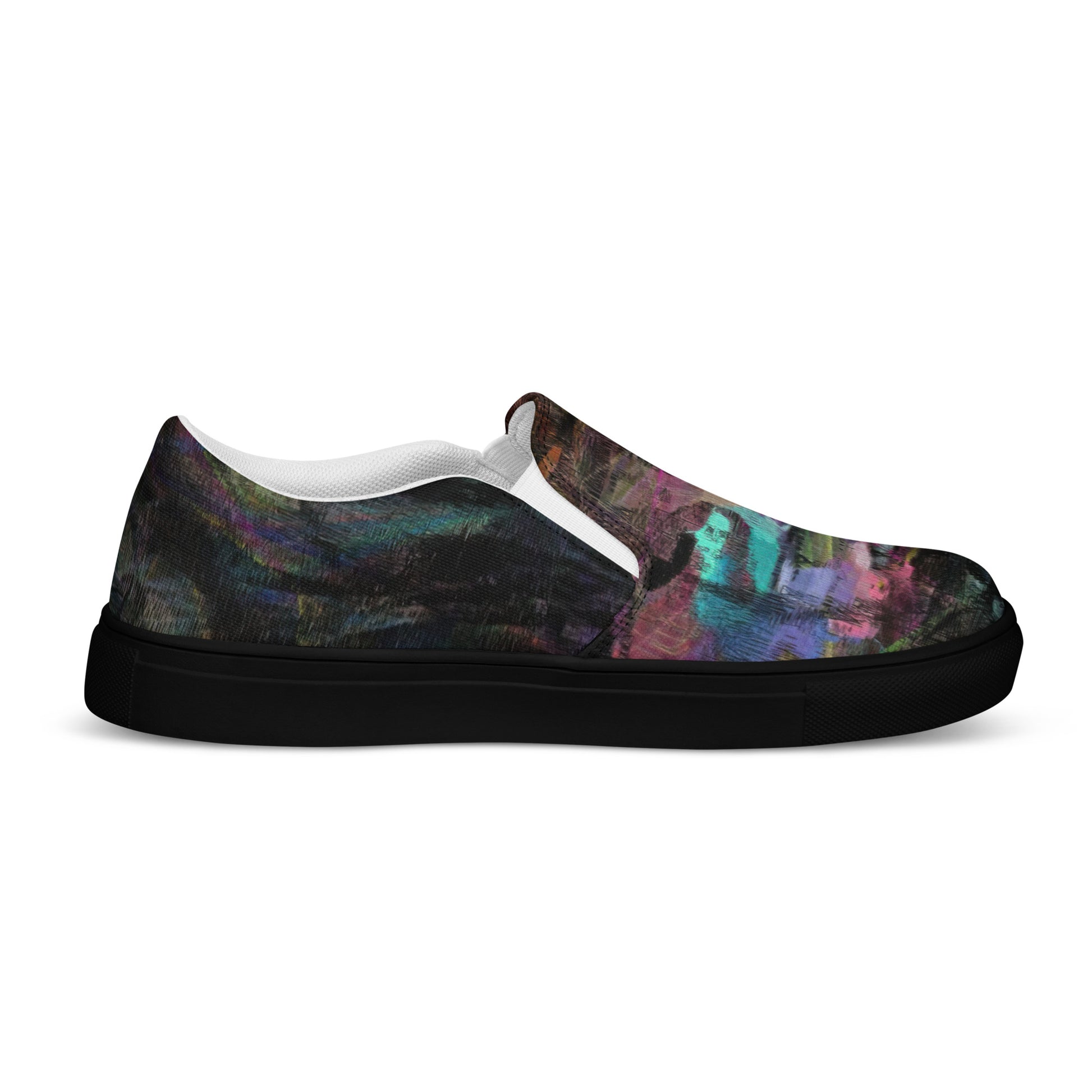 Close-up of Hipyfi Women’s Chromatic Dreams slip-on sneakers, showcasing a modern abstract face design with multicolor, elastic side accents, and a cushioned sole for comfort. black-left-inside