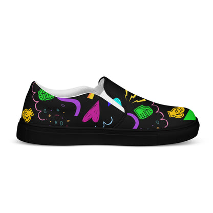Women's Retro Canvas Slip-On Sneakers with vibrant 80s Memphis-style abstract pattern on black background – stylish, lightweight, and eco-friendly casual shoes by Hipyfi Clothes & Design. black-left-inside