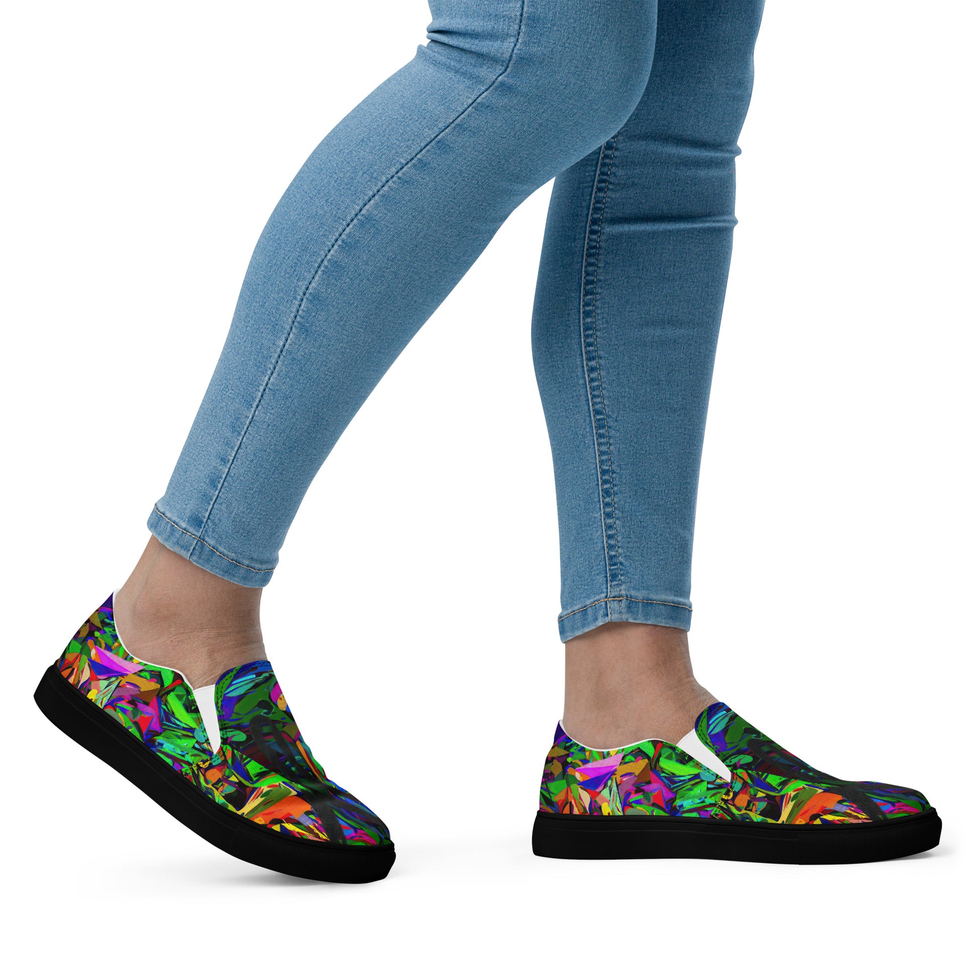 Bold Neon Mythos Women's Slip-On Canvas Sneakers by Hipyfi – Vibrant abstract graphic design with neon colors, perfect for street style and modern fashion. black-right-3