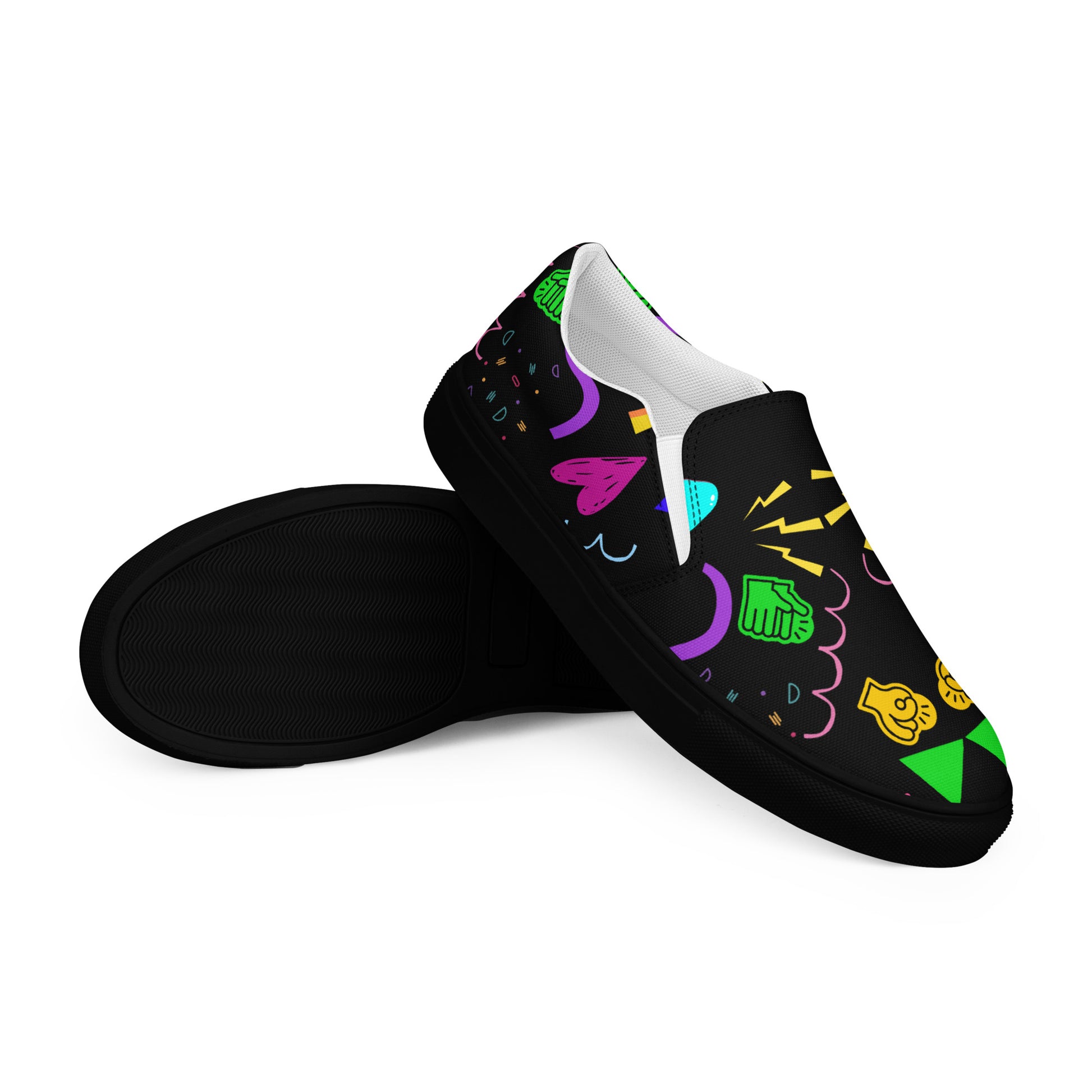 Women's Retro Canvas Slip-On Sneakers with vibrant 80s Memphis-style abstract pattern on black background – stylish, lightweight, and eco-friendly casual shoes by Hipyfi Clothes & Design. black-right-front-2