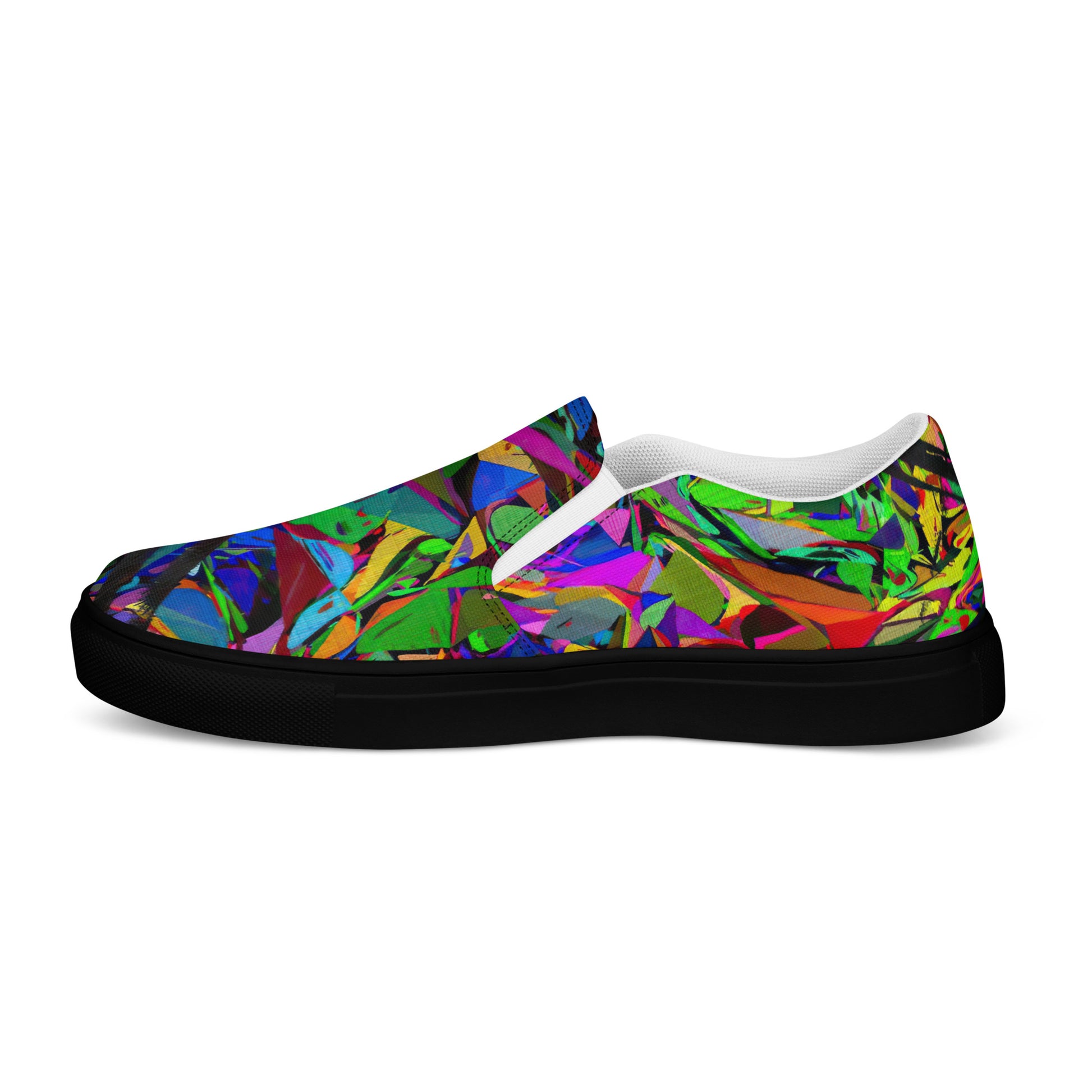 Bold Neon Mythos Women's Slip-On Canvas Sneakers by Hipyfi – Vibrant abstract graphic design with neon colors, perfect for street style and modern fashion. black-right-inside