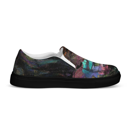 Close-up of Hipyfi Women’s Chromatic Dreams slip-on sneakers, showcasing a modern abstract face design with multicolor, elastic side accents, and a cushioned sole for comfort. black-right-outside-2