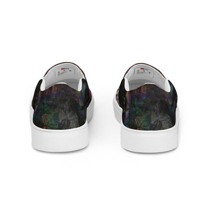 Close-up of Hipyfi Women’s Chromatic Dreams slip-on sneakers, showcasing a modern abstract face design with multicolor, elastic side accents, and a cushioned sole for comfort. white-back-4