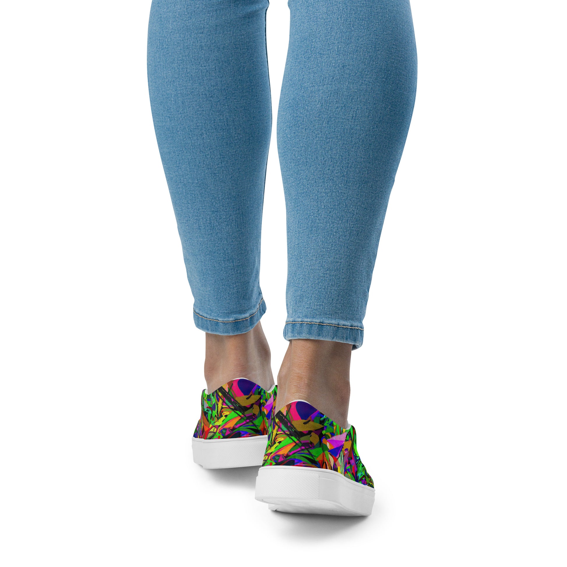 Bold Neon Mythos Women's Slip-On Canvas Sneakers by Hipyfi – Vibrant abstract graphic design with neon colors, perfect for street style and modern fashion. white-back