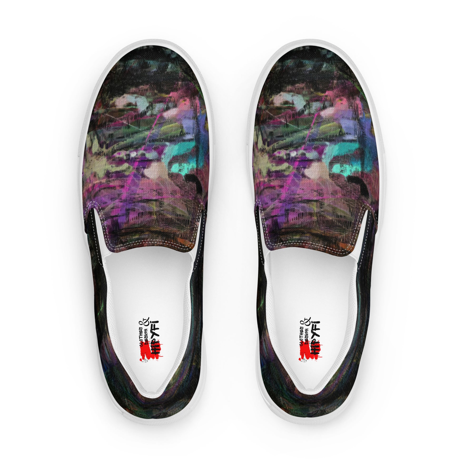 Close-up of Hipyfi Women’s Chromatic Dreams slip-on sneakers, showcasing a modern abstract face design with multicolor, elastic side accents, and a cushioned sole for comfort. white-front-5