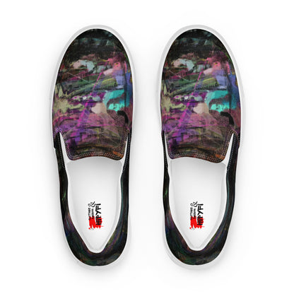 Close-up of Hipyfi Women’s Chromatic Dreams slip-on sneakers, showcasing a modern abstract face design with multicolor, elastic side accents, and a cushioned sole for comfort. white-front-5