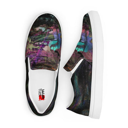 Close-up of Hipyfi Women’s Chromatic Dreams slip-on sneakers, showcasing a modern abstract face design with multicolor, elastic side accents, and a cushioned sole for comfort. white-front-6