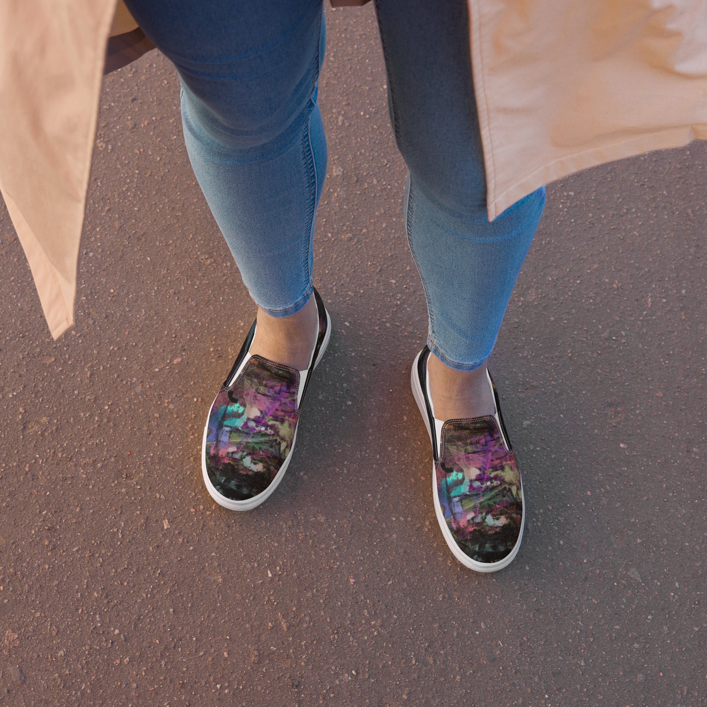Close-up of Hipyfi Women’s Chromatic Dreams slip-on sneakers, showcasing a modern abstract face design with multicolor, elastic side accents, and a cushioned sole for comfort. white-front-2