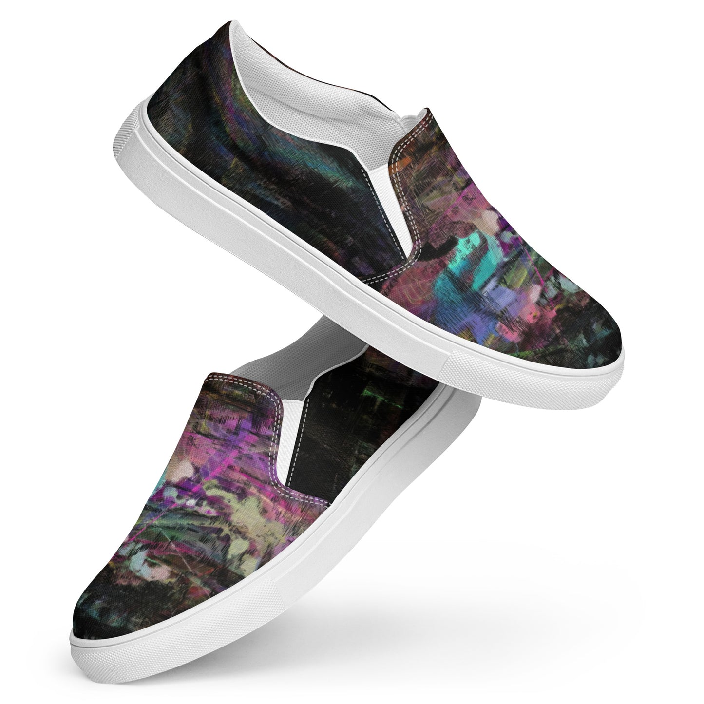Close-up of Hipyfi Women’s Chromatic Dreams slip-on sneakers, showcasing a modern abstract face design with multicolor, elastic side accents, and a cushioned sole for comfort. white-front-6