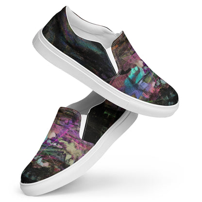 Close-up of Hipyfi Women’s Chromatic Dreams slip-on sneakers, showcasing a modern abstract face design with multicolor, elastic side accents, and a cushioned sole for comfort. white-front-6