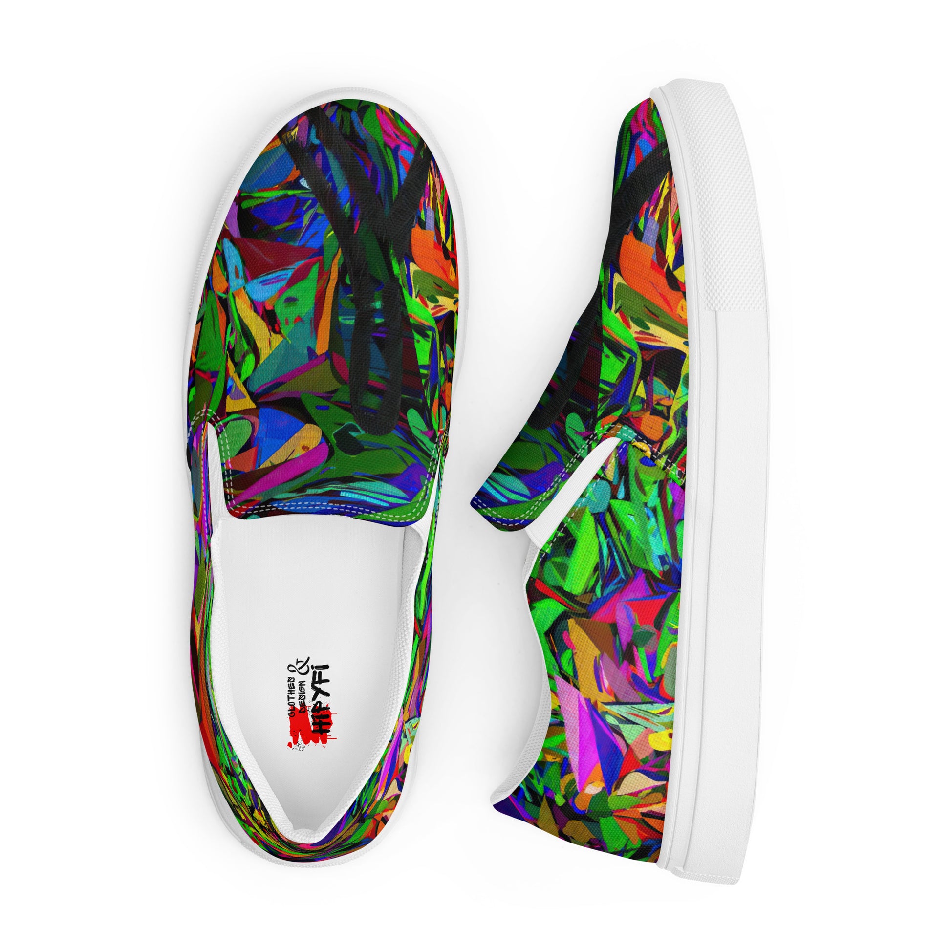 Bold Neon Mythos Women's Slip-On Canvas Sneakers by Hipyfi – Vibrant abstract graphic design with neon colors, perfect for street style and modern fashion. white-front-5