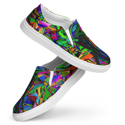Bold Neon Mythos Women's Slip-On Canvas Sneakers by Hipyfi – Vibrant abstract graphic design with neon colors, perfect for street style and modern fashion. white-front-6